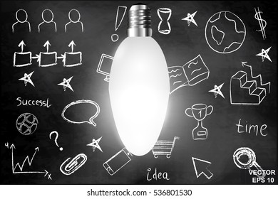 Light Bulb. A Set Of Ideas. On The Chalkboard. A Successful Business Plan.