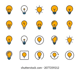 Iconos de línea de bombilla clara en diseño plano con elementos para el diseño de sitios web y aplicaciones móviles.  Colección de un logotipo y un símbolo infográfico moderno. Pictograma de línea de vector de negocio