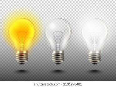 Light bulb set vector illustration. Concept of Problem resolved, Understand question, Target achievement, Complicated solution, Simplify complex, Confusion clarity, Communicate success, Creative idea