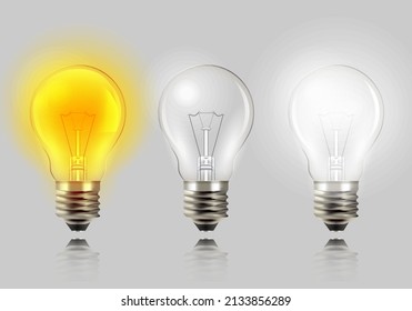 Light bulb set vector illustration. Concept of Problem resolved, Understand question, Target achievement, Complicated solution, Simplify complex, Confusion clarity, Communicate success, Creative idea