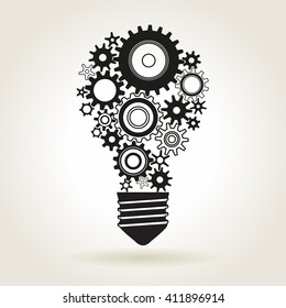 Light bulb shape with cog wheels, idea or technical solution symbol, vector illustration