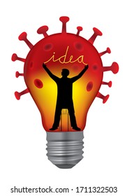 
Light bulb in the shape of coronavirus, Ideas in the fight against coronavirus.
Illustration of red bulb as symbol for coronavirus research,  and man with a glowing sign Idea. Vector available.
