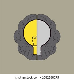 Light bulb shape gimmick on the brain background: left half as a bulb and right half as a question mark represent brain working process. Solve problem concept. Vector illustration.