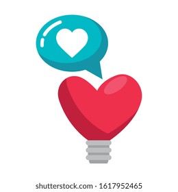 light bulb in shape heart with speech bubble vector illustration design