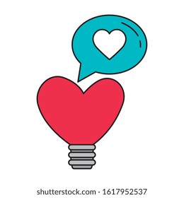 light bulb in shape heart with speech bubble vector illustration design