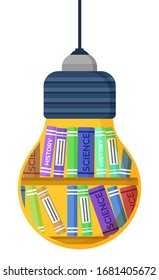 Light Bulb Shape With Science And History Books. Creative Idea And Learning Technology With Library Symbol On White. Volume Or Notebook On Shelf For Learning And Educating Information Vector