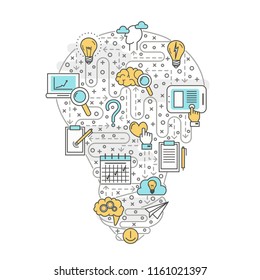 Light bulb shaped poster banner template. Planning, creative idea, inspiration, business vision concept. Vector thin line art flat style design elements, icons for website banners, printed materials.