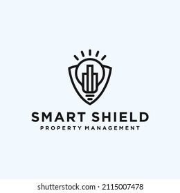 light bulb with shield combination with city building logo design vector illustration