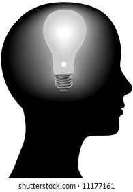 A light bulb shines in the head of a thinking woman, concept of a bright idea, invention, inspiration, mind.