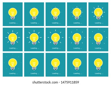 Light bulb shining animation sprite sheet in flat style. Vector illustration on blue background. Can be used as preloader 