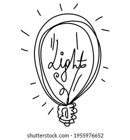 Bombilla, brillante, electricidad, símbolo, luz. Elemento negro vectorial, arte de línea, dibujado a mano, línea delgada.