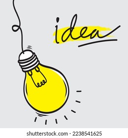 Bombilla con luz brillante. Estilo de caricatura. Estilo plano. Estilo dibujado a mano. Estilo Doodle. Símbolo de creatividad, innovación, inspiración, invención e ideas. Ilustración del vector