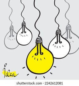 Light bulb with shining light. Cartoon style. Flat style. Hand drawn style. Doodle style. Symbol of creativity, innovation, inspiration, invention and ideas. Vector illustration