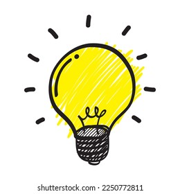 Light bulb with shining light. Cartoon style. Flat style. Hand drawn style. Doodle style. Symbol of creativity, innovation, inspiration, invention and ideas. Vector illustration