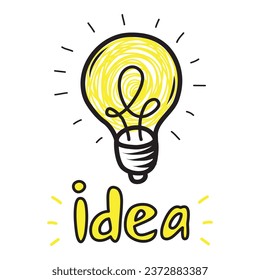 Light bulb with shining light. Cartoon style. Flat style. Hand drawn style. Doodle style. Symbol of creativity, innovation, inspiration, invention and ideas. Vector illustration