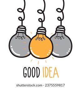 Light bulb with shining light. Cartoon style. Flat style. Hand drawn style. Doodle style. Symbol of creativity, innovation, inspiration, invention and ideas. Vector illustration
