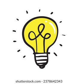 Bombilla con luz brillante. Estilo de caricatura. Estilo plano. Estilo dibujado a mano. Estilo Doodle. Símbolo de creatividad, innovación, inspiración, invención e ideas. Ilustración del vector