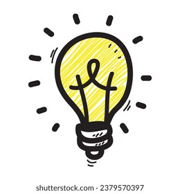 Bombilla con luz brillante. Estilo de caricatura. Estilo plano. Estilo dibujado a mano. Estilo Doodle. Símbolo de creatividad, innovación, inspiración, invención e ideas. Ilustración del vector
