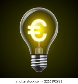 Light bulb with a shining Euro sign on a dark background. High electricity price creative concept illustration. Energy crisis vector banner.