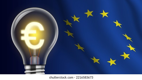 Light bulb with a shining Euro sign on a EU flag background. High electricity price creative concept illustration. European Union energy crisis and politics vector banner.