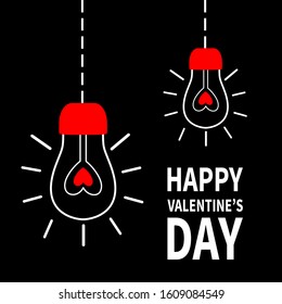 Light bulb shining hanging on dash line. Red heart shape. Flat design style. Happy Valentines day card. Flat design. White background. Isolated. Vector illustration