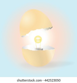 Light bulb shining out from inside of cracked egg shell. Conceptual idea from creativity inside. Vector illustration with blue pink background.