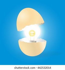 Light bulb shining out from inside of cracked egg shell. Conceptual idea from creativity inside. Vector illustration with blue background.