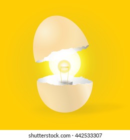 Light bulb shining out from inside of cracked egg shell. Conceptual idea from creativity inside. Vector illustration with yellow background.