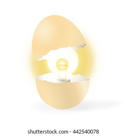Light bulb shining out from inside of cracked egg shell. Conceptual idea from creativity inside. Vector illustration with no background.