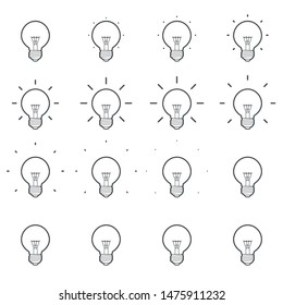 Light bulb shining outline sprite sheet. Vector illustration isolated on white background. Can be used for GIF animation 