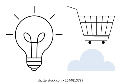 Light bulb, shopping cart, and cloud symbols in minimalistic style. Ideal for innovation, e-commerce, cloud computing, online shopping, technology. Simplistic vector art with black and light blue