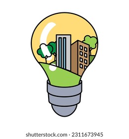 Light Bulb Showing an Energy-Efficient City. Environment, Power and Saving Energy Concept. Cartoon Flat Vector illustration.