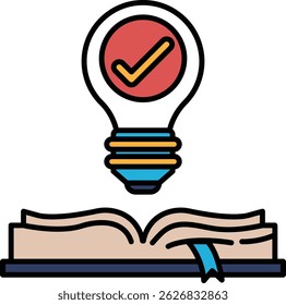 A light bulb is shown above an open book, with a red check mark on the light bulb. Concept of knowledge and learning, as the light bulb represents the spark of inspiration