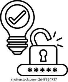 A light bulb is shown with a check mark on it, and a lock is shown with a keyhole. Concept of unlocking a new idea or concept