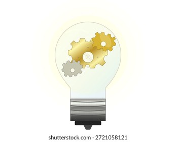 A light bulb is shown with gears inside, representing the process of thinking and creating new ideas. The image highlights the connection between innovation and mechanics.