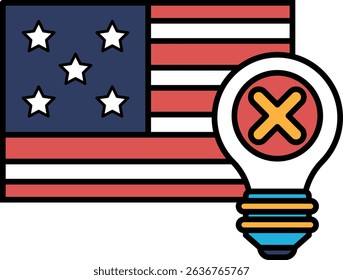 A light bulb is shown next to the American flag. The light bulb is turned off, which could symbolize a lack of progress or a lack of ideas
