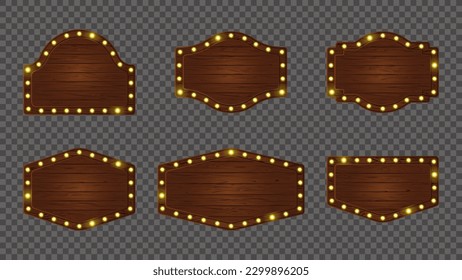 Light bulb sign board wooden retro vector frame. Cartoon game banner plank with led lit ui icon. Neon wood signboard set. Timber forest interface shape for mobile menu message illustration