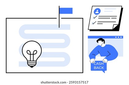 Light bulb sign, wavy path with a flag, a checklist document, and a person holding a cashback sign. Ideal for business planning, goal setting, task management, customer incentives, and marketing