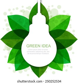 Light bulb silhouette with green leaves frame. Vector illustration, modern template design background with place for text. Concept for ecology, energy technology, business infographics elements.