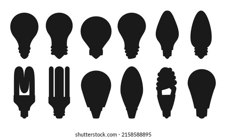 Light bulb silhouette icon set. Retro glass lamp, ecology spiral led, economy energy saving lightbulb stamp. Symbol idea and creativity, innovation, modern invention. Saving electricity bulb vector