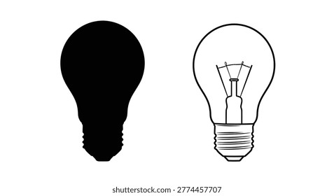 Light bulb silhouette and line drawing on white background silhouette