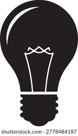 Light bulb silhouette vector icon isolated on white background. Minimalist black illustration of an incandescent bulb with filament, symbolizing a creative idea, innovation, inspiration, brain power, and electricity. Perfect for education, business brainstorming, energy solutions, and modern graphic design projects.