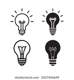 Light bulb silhouettes icon set, Light Bulb line art, Lamp vector art illustration on white background.