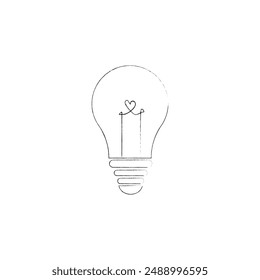 A light bulb, a simple grunge image, a light bulb with a heart. Logo, emblem, isolated symbol. Idea, sign, illumination, inspiration, love, sign, symbol