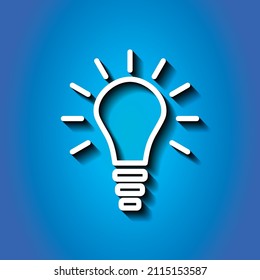 Light bulb simple icon. Flat desing. White icon with shadow on blue background.ai
