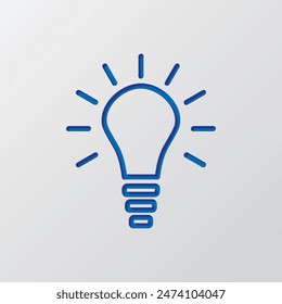 Light bulb simple icon. Flat design. Paper cut design. Cutted blue symbol with shadow. Gray background.ai