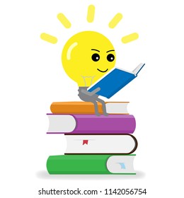 Light bulb sitting on books pile and reading. Reading helps to have knowledge and new idea.