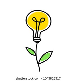 Light bulb sketch with concept of idea.  Hand drawn illustration isolated on white background. Leaf sprout, ecology.