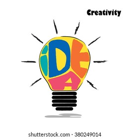 Light bulb sketch with concept of idea. Doodle hand drawn sign.Education and learning concept. Vector Illustration