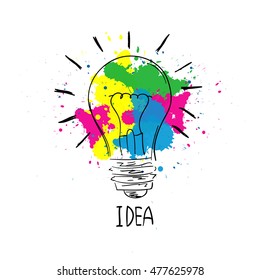 Light bulb sketch with concept of idea. Doodle hand drawn sign. Vector Illustration